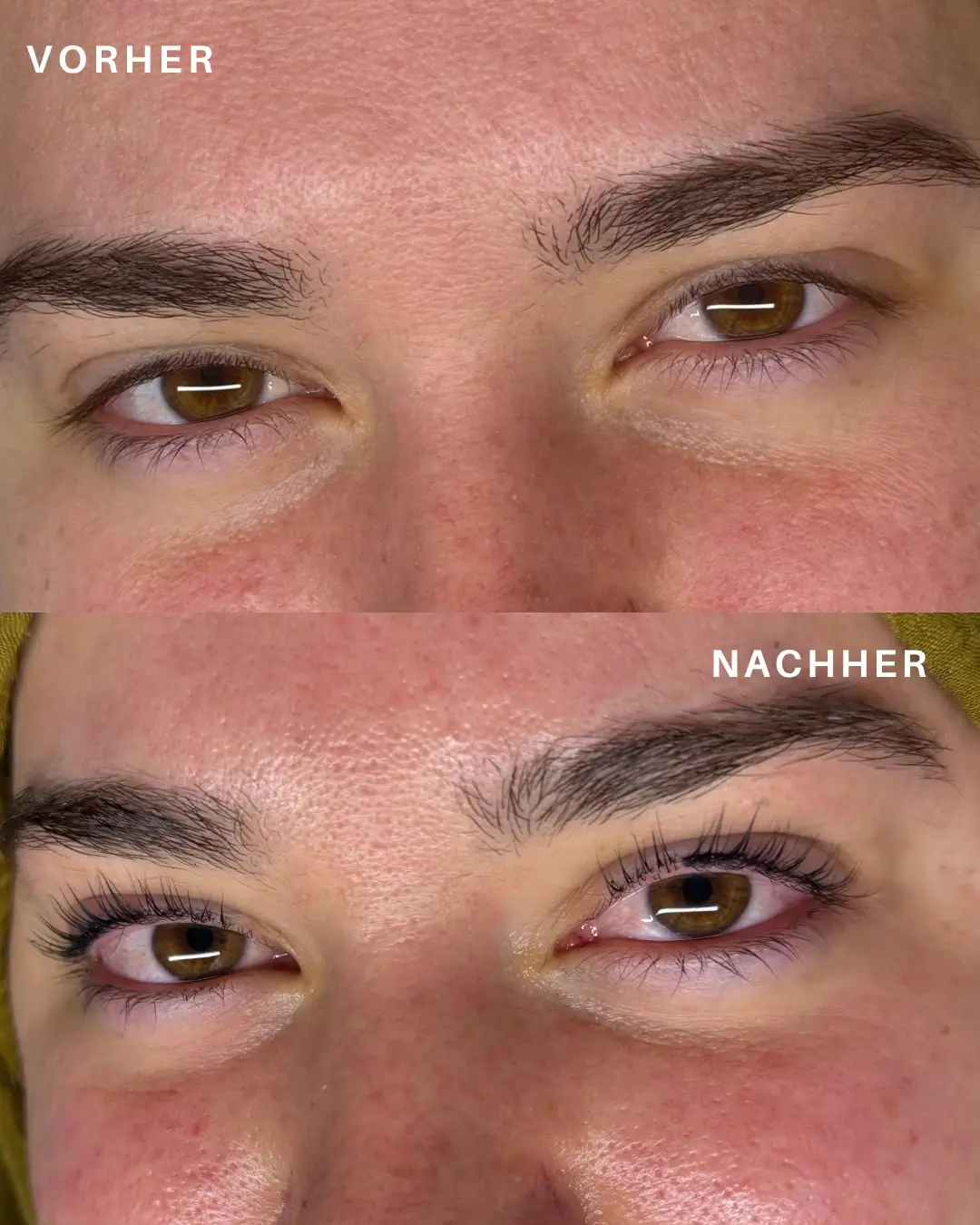 Vorher-Nachher-Vergleich der Wimpern: oben gerade nach vorn stehende Wimpern, unten sichtbar aufgerichtet und geschwungen