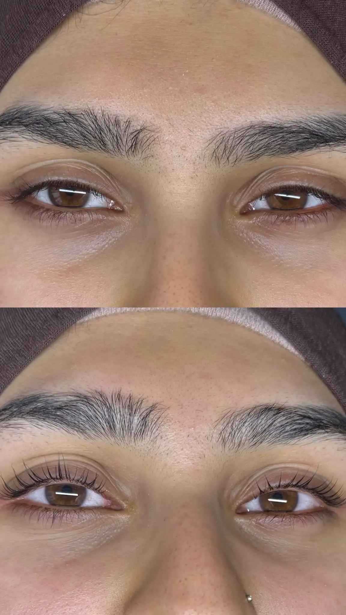 Vorher-Nachher-Vergleich der Wimpern in Nahaufnahme: oben anliegende Wimpern, unten ein deutlich aufgerichteter Schwung