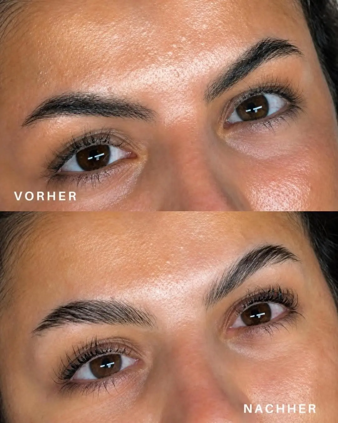 Vorher-nachher-Vergleich der Augenpartie: oben liegen die Wimpern flach und gerade, unten sind sie sichtbar aufgerichtet und geschwungen, die Brauen sauber in Form gelegt